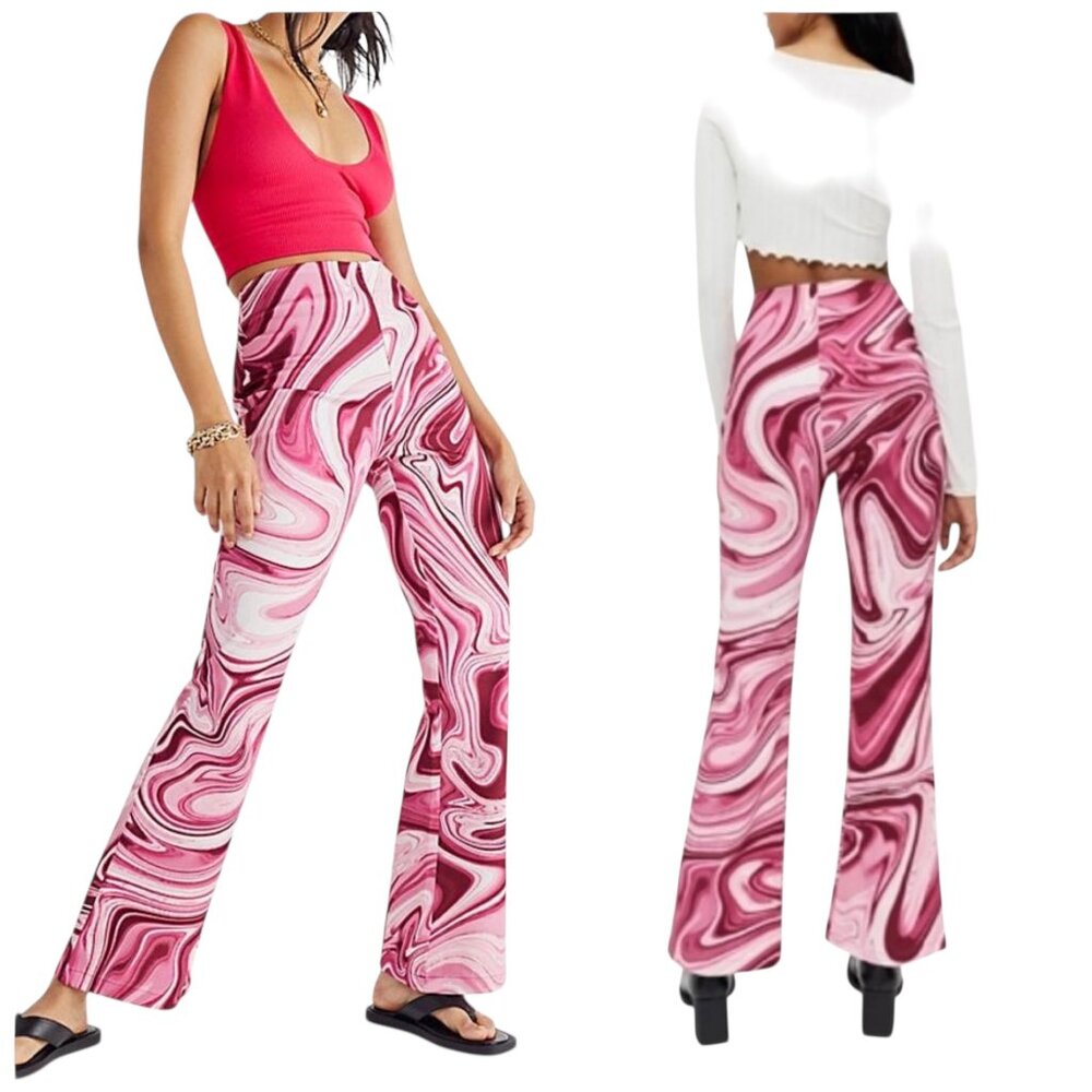 Hosbjerg Vilma Liquid Print Pants Pink Swirl Wide Leg L